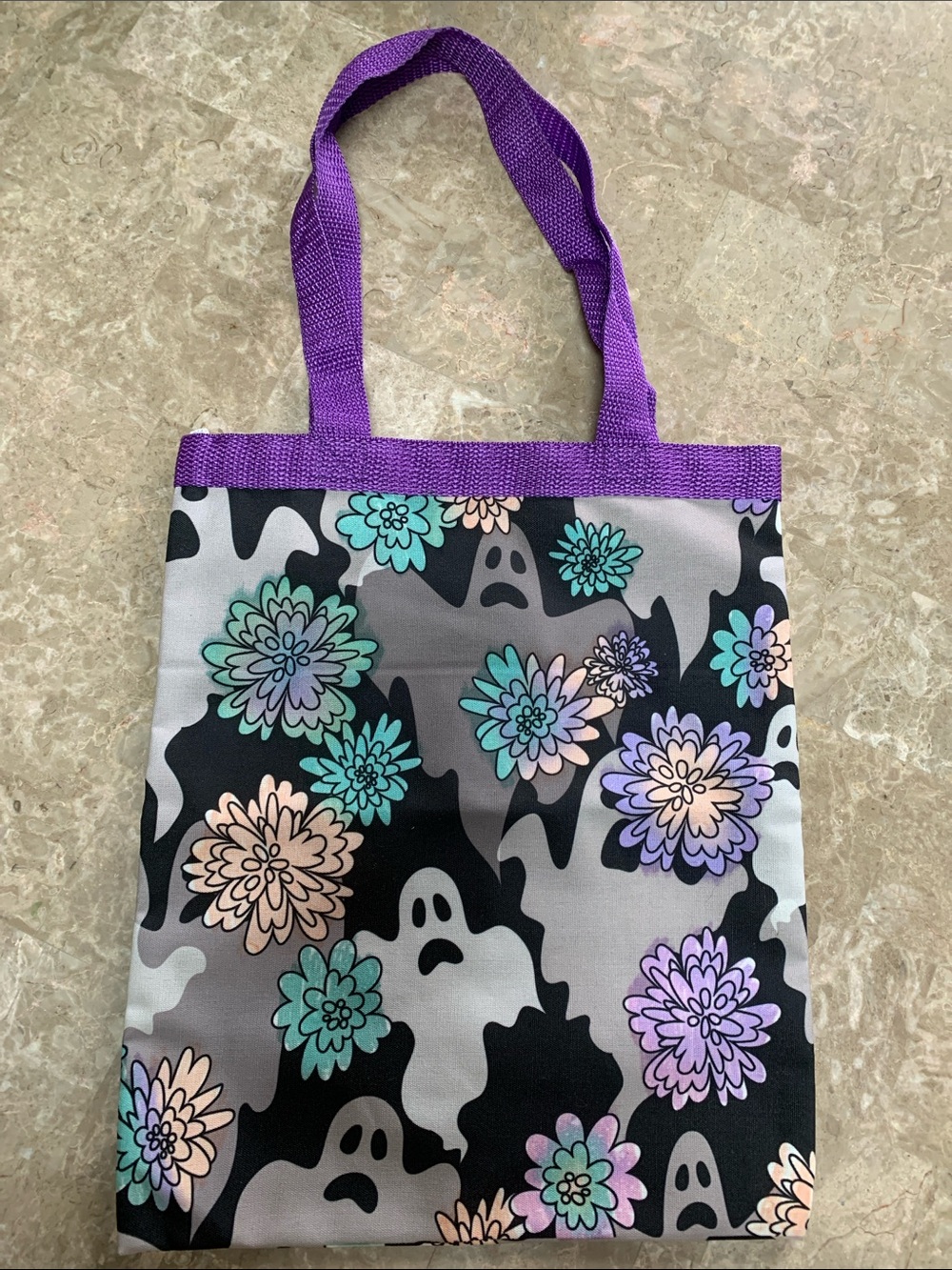 Purple-Handle Floral Ghost Print Tote Bag. Great for Halloween. Pre-owned.11x13.